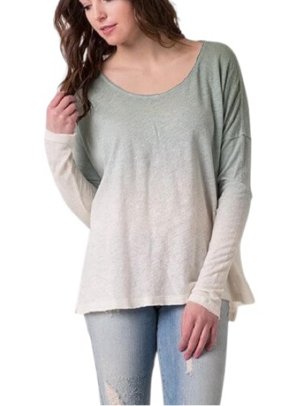 Free People Starry Night Army & Ivory Dip Dye Ombre Long Sleeve Top - M